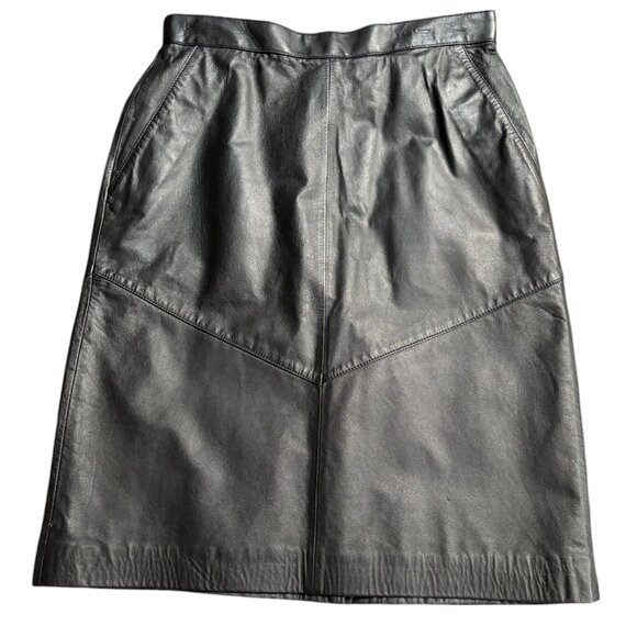 Evan Davies Vintage Leather Skirt pencil Petite 80s 90s black high waist 10P - Picture 1 of 14